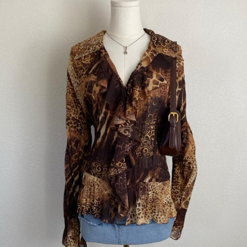 Y2K Clothing Co. by Notations Semi Sheer Leopard Print Ruffle Blouse V Neck